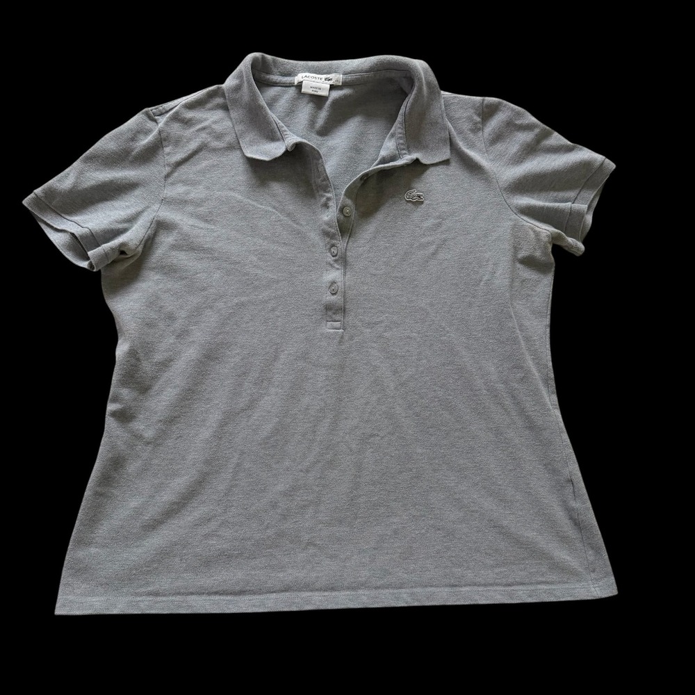 Lacoste Womens Gray Short Sleeve Pique Cotton Polo Shirt Size 42 Logo Sporty